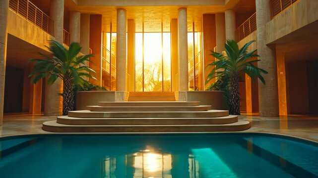 Sunlit indoor pool in a luxurious, palatial setting with columns, stairs, and tropical plants