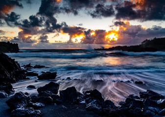 Black Sand Beach Sunrise at Wai'ānapanapa State Beach, Hana, Hawaii 