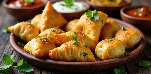 Fototapeta premium Colorful array of Indian street food snacks including samosas, vada pav and pani puri, indian food, pani puri