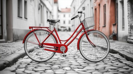 Fototapeta premium Retro red bike on cobblestone street, timeless charm in monochrome.