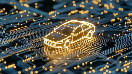 Glowing car illustration on circuit board background, symbolizing technology and innovation in automotive industry