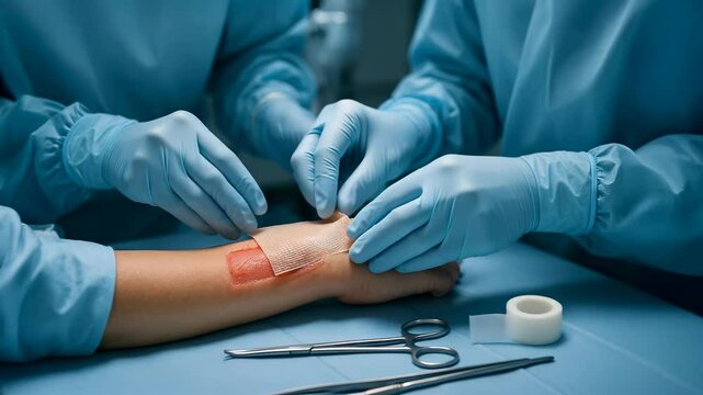 Doctors applying artificial skin graft to hand wound in clinical environment. Concept of advanced wound care, biomedical innovation, and regenerative treatment

