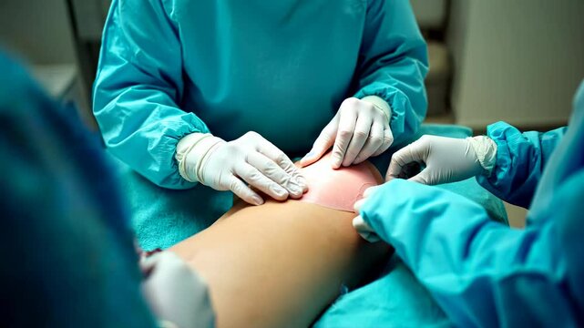 Medical team practicing sutures on artificial skin model during surgical training. Concept of clinical simulation, hands-on learning, and modern medical education