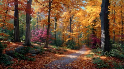 Obraz premium Sunlight filters through the colorful autumn leaves of the forest, illuminating a path through the trees
