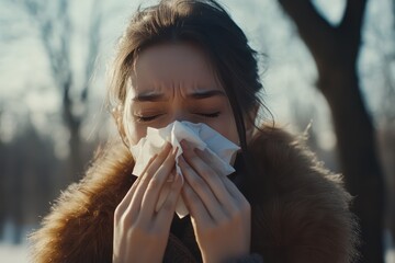 Sick people sneezing and blowing nose in winter cold