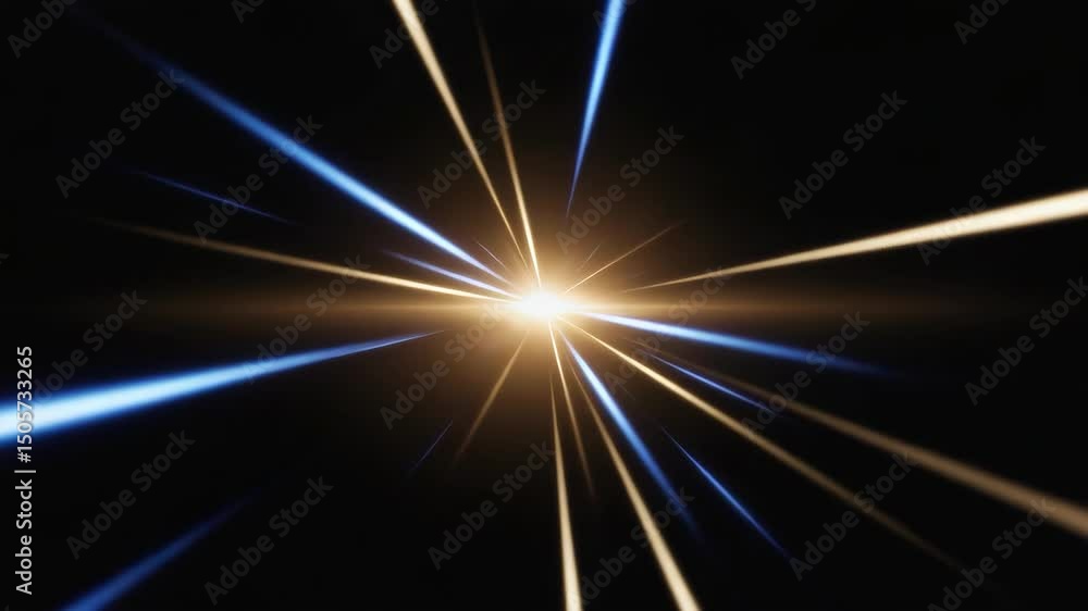 Poster golden light burst with glowing rays and spark particles on dark background, abstract star explosion
