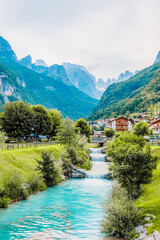 Molveno town and Molveno lake, an alpine lake in Trentino, Italy