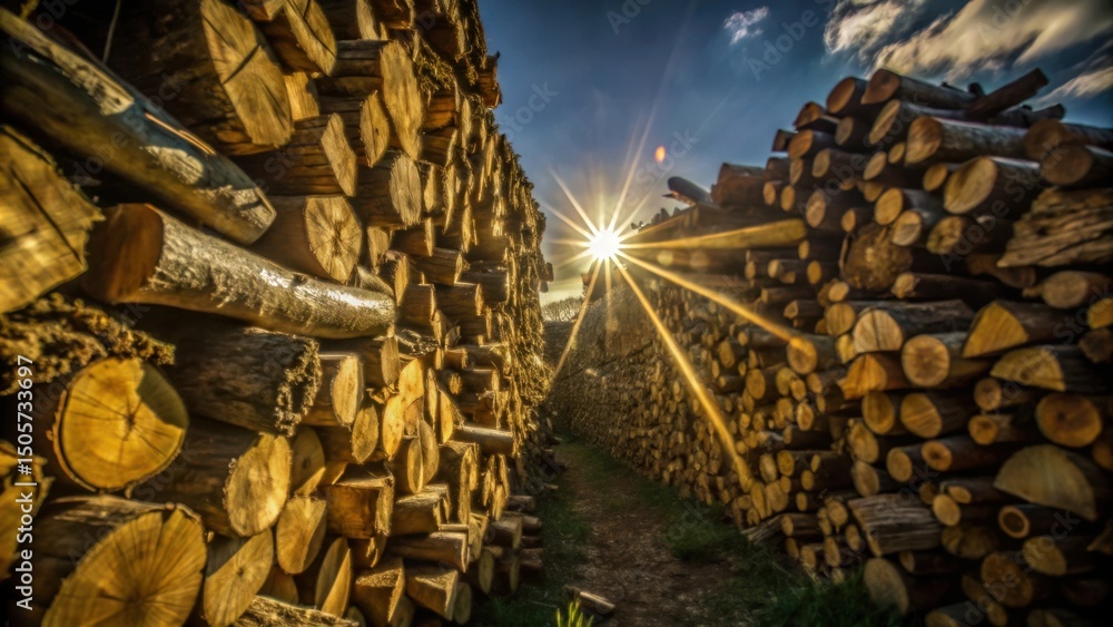 Poster A pathway formed by two stacks of logs, illuminated by a sunburst shining through the gap, casting warm hues on the wood.