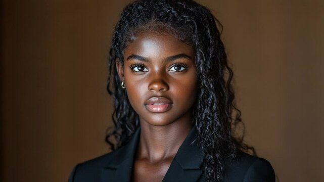 Portrait of a Young Black Woman with  Dark Curly Hair
