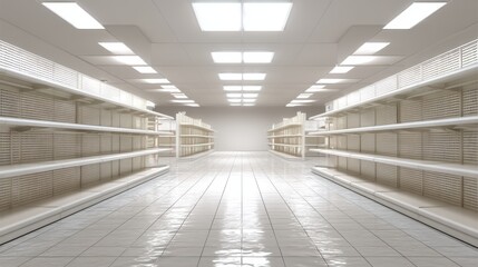 Empty metal supermarket shelves with white coating, modern store interior, bright lighting and tiled floor --chaos 20