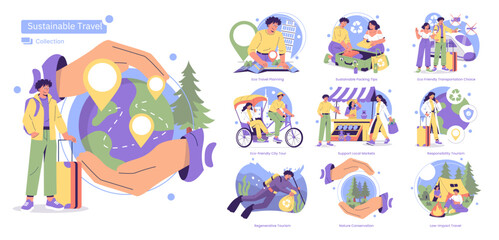 Fototapeta premium Sustainable Travel Vector Illustration with Eco-Friendly Tips