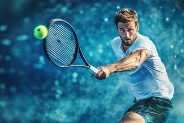 Focused athletic man playing tennis with powerful motion