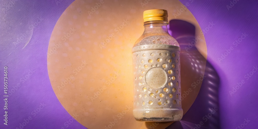 Poster A translucent bottle with a yellow lid and a perforated design sits on a beige circular surface with a purple backdrop