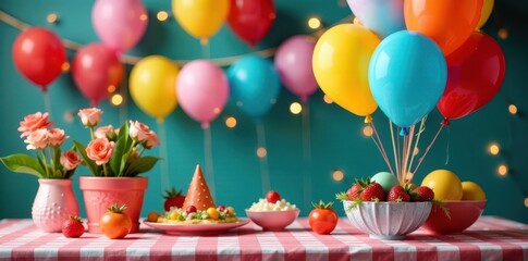 Obraz premium Colorful balloons filled festive party table centerpiece decoration, balloons, table decor