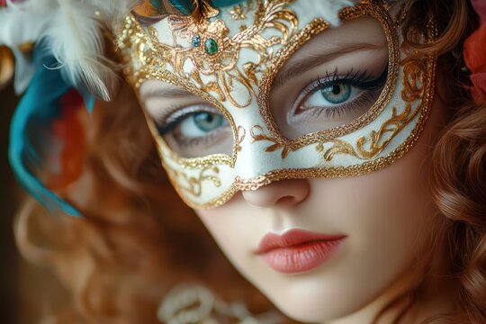 Elegant woman wearing Venetian mask at masquerade ball