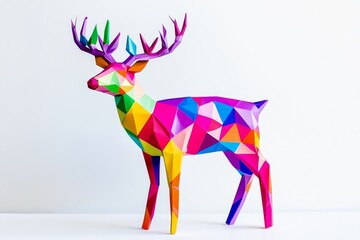 Obraz premium Origami Reindeer Paper Craft: A Colorful Geometric Design - A vibrant, geometric origami reindeer, symbolizing creativity, festive cheer, nature, artistry