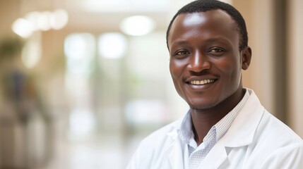Smiling veterinarian in white coat, radiating warmth and professionalism, embodying compassionate care for animals.