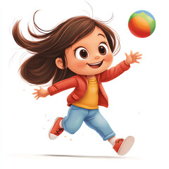 Happy Girl Playing with Colorful Ball in Digital Illustration