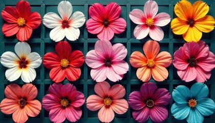 Bold, stylized blossoms arranged in a square lattice , texture, summer