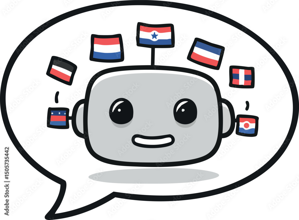 Poster friendly robot head with multiple international flags in speech bubble vector illustration