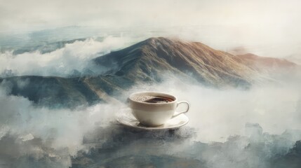 A steaming cup of coffee floats above the clouds with majestic mountains in the background, blending surreal imagery with a serene, dreamy atmosphere.