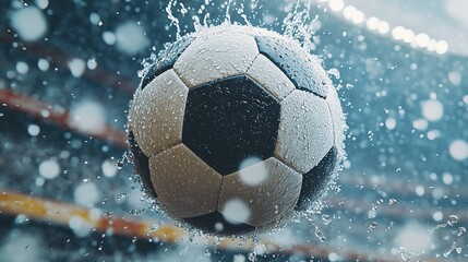 Fototapeta premium Soccer ball mid-kick with splashing water droplets, capturing dynamic energy and motion.