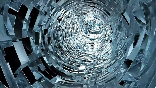 Abstract metallic swirling tunnel with fragmented, reflective surfaces, creating a dynamic and futuristic vortex