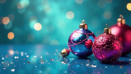 Colorful bauble ornaments on blue glass background, snowflakes, berries