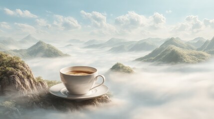 A steaming cup of coffee floats above the clouds with majestic mountains in the background, blending surreal imagery with a serene, dreamy atmosphere.
