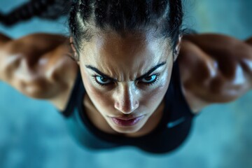 Fierce female athlete mid burpee showcasing power