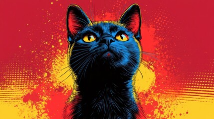 Pop art black cat portrait on red and yellow background