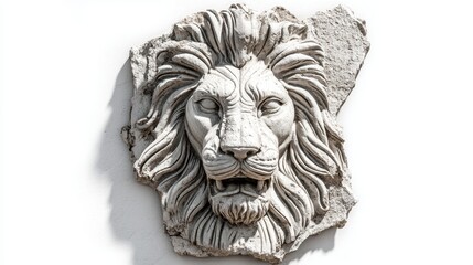 Lion head relief sculpture in stone wall fragment, decorative and dramatic, isolated on white background --chaos 20