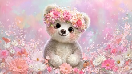 A cute teddy bear with big eyes sits among pastel flowers, wearing a pink floral crown, surrounded by a dreamy, soft-focus background full of sparkles and gentle colors.