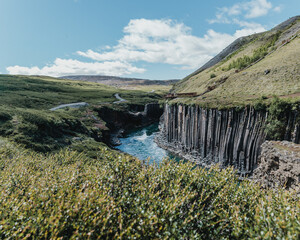 Aerial view of basalt column formations at Studlagil Canyon, East Iceland..