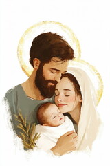 Vertical oil painting of Holy family on white background. Virgin Mary and Saint Joseph holding infant Jesus Christ in natural green and yellow colors. Christmas card, poster. Nativity illustration. © Milan
