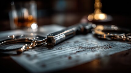 Police stun gun and handcuffs on gray evidence table, official documentation blurred in background