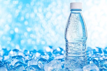 Refreshing Bottled Water on Ice - Crystal clear bottled water rests on a bed of ice cubes, creating a cool and refreshing perfect for summer promotions or healthy lifestyle campaigns