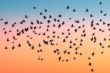 Silhouette of large flock of starlings flying