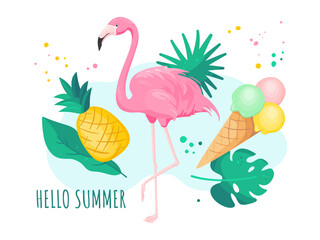 Hello Summer text with Flamingo, Tropical leaves, Pineapple, Ice Cream. Summer Holiday, Vacation.  Exotic vecyor collection for summer designs, beach party, t shirts, stickers, scrapbooking, invitatio