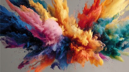 A dynamic burst of colorful powder explodes outward, blending vivid shades of blue, yellow, pink, and red against a neutral background in a stunning display of motion and energy.