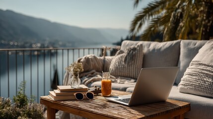 Fototapeta premium Modern remote work setup on a balcony: laptop, smoothie, sunglasses and mountain view, light travel concept