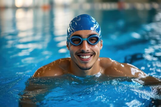 Smiling male swimmer in indoor pool