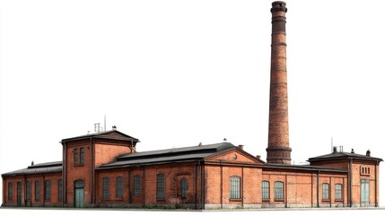 Fototapeta premium Old brick factory building with tall chimney, isolated on white background --chaos 20