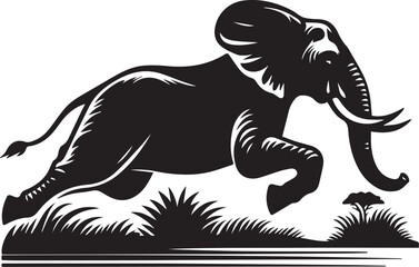 Black vector illustration of a wild elephant silhouette, perfect for animal and nature-themed designs
