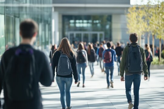 Students walking across university campus blurred motion