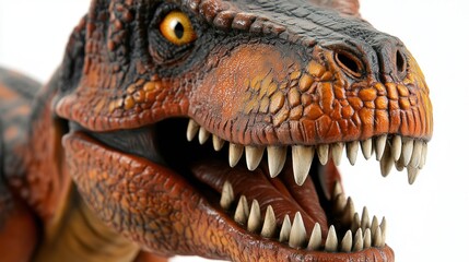 Obraz premium Closeup of a T-Rex figurine with sharp teeth and textured skin, isolated on white, showcasing primal power and intricate detail.