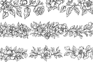 A modern black and white border set featuring simple, isolated dividers adorned with leaves, branches, flowers, and hearts, all hand drawn for use in blogging, invitations, and greeting card design