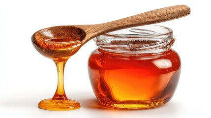 Golden honey drips from a wooden spoon into a glass jar, captured against a clean white background, showcasing its rich texture and natural sweetness.