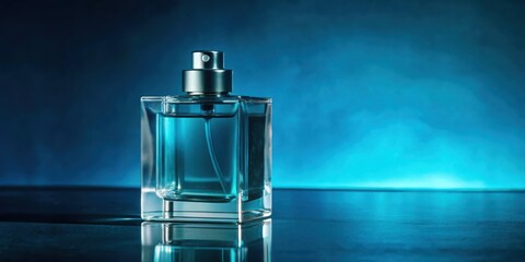 A  square bottle of cologne with a silver sprayer rests on a blue reflective surface.  The background is a blur of blue with highlights of white.