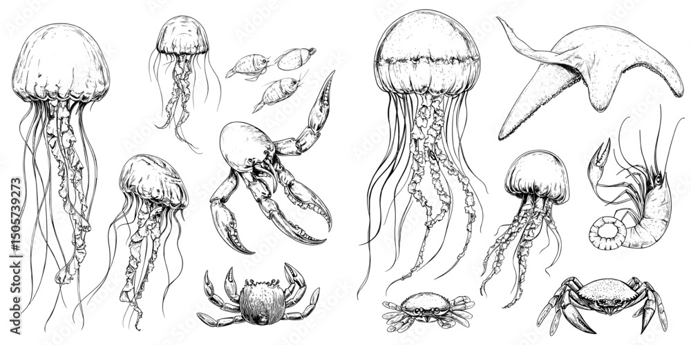 Poster monochrome seamless pattern with an assortment of ocean and sea animals depicted in a modern sketch 